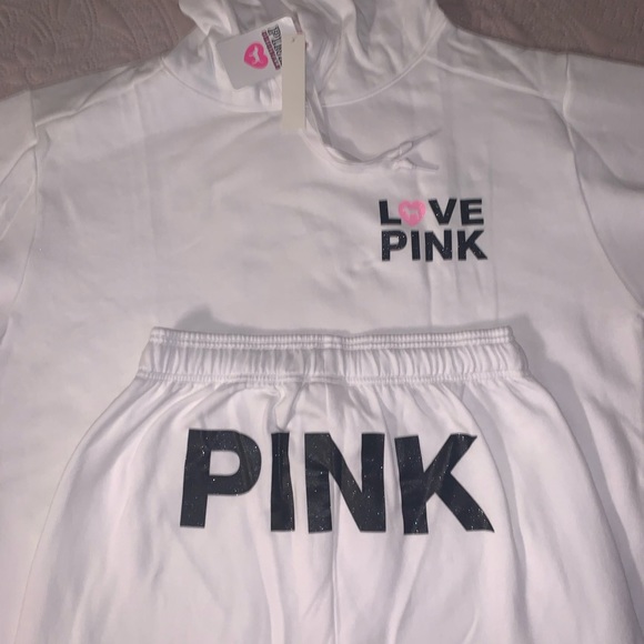 Victoria’s Secret Pink Originals White Pullover Hoodie Campus Sweats & Tee SET - Picture 5 of 7